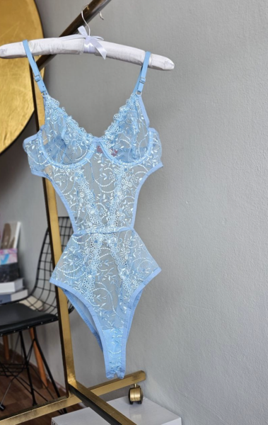 Dantel İşlemeli Balenli Transparan Bodysuit - Mavi