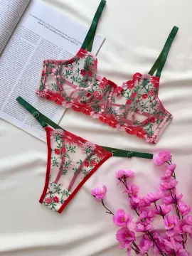 Çiçek Nakışlı Transparan Sütyen & Tanga Takımı - Yeşil Kırmızı