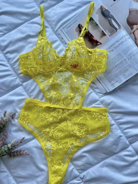 Dantel İşlemeli Balenli Transparan Bodysuit - Sarı