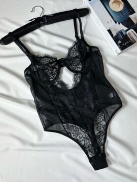 Dantel Balenli Transparan Bodysuit - Siyah