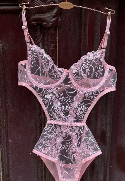 Dantel İşlemeli Balenli Transparan Bodysuit - Pudra