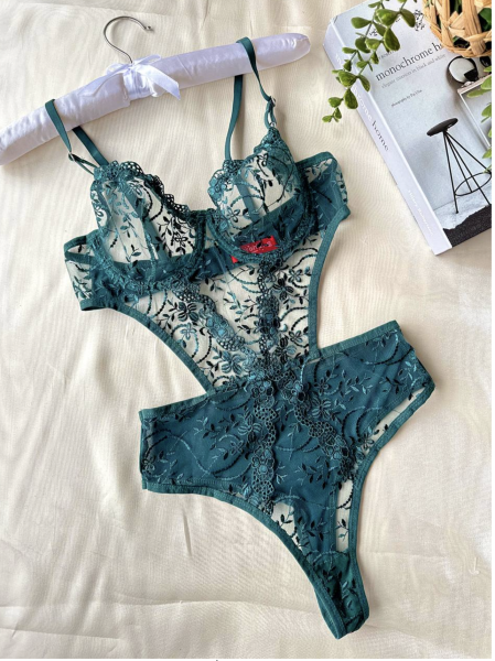 Dantel İşlemeli Balenli Transparan Bodysuit - Yeşil