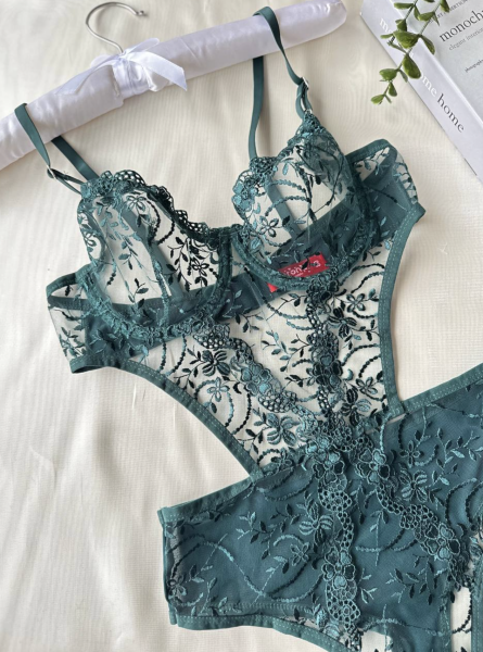Dantel İşlemeli Balenli Transparan Bodysuit - Yeşil