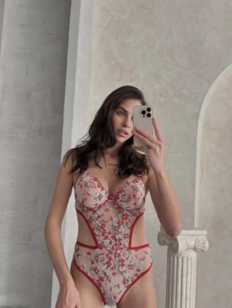 Çiçek İşlemeli Transparan Bodysuit - Kırmızı