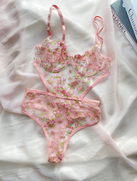 Çiçek İşlemeli Transparan Bodysuit - Pudra