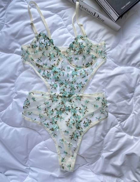 Çiçek Nakışlı Transparan Bodysuit – Ekru Mavi Romantik Tek Parça İç Çamaşırı