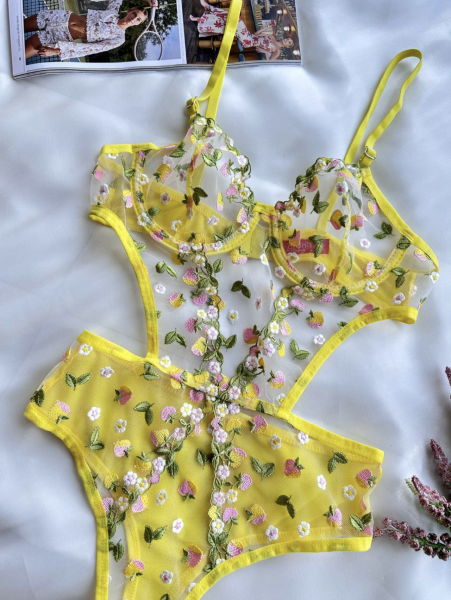 Çiçek Nakışlı Transparan Bodysuit – Sarı Feminen Tek Parça İç Çamaşırı