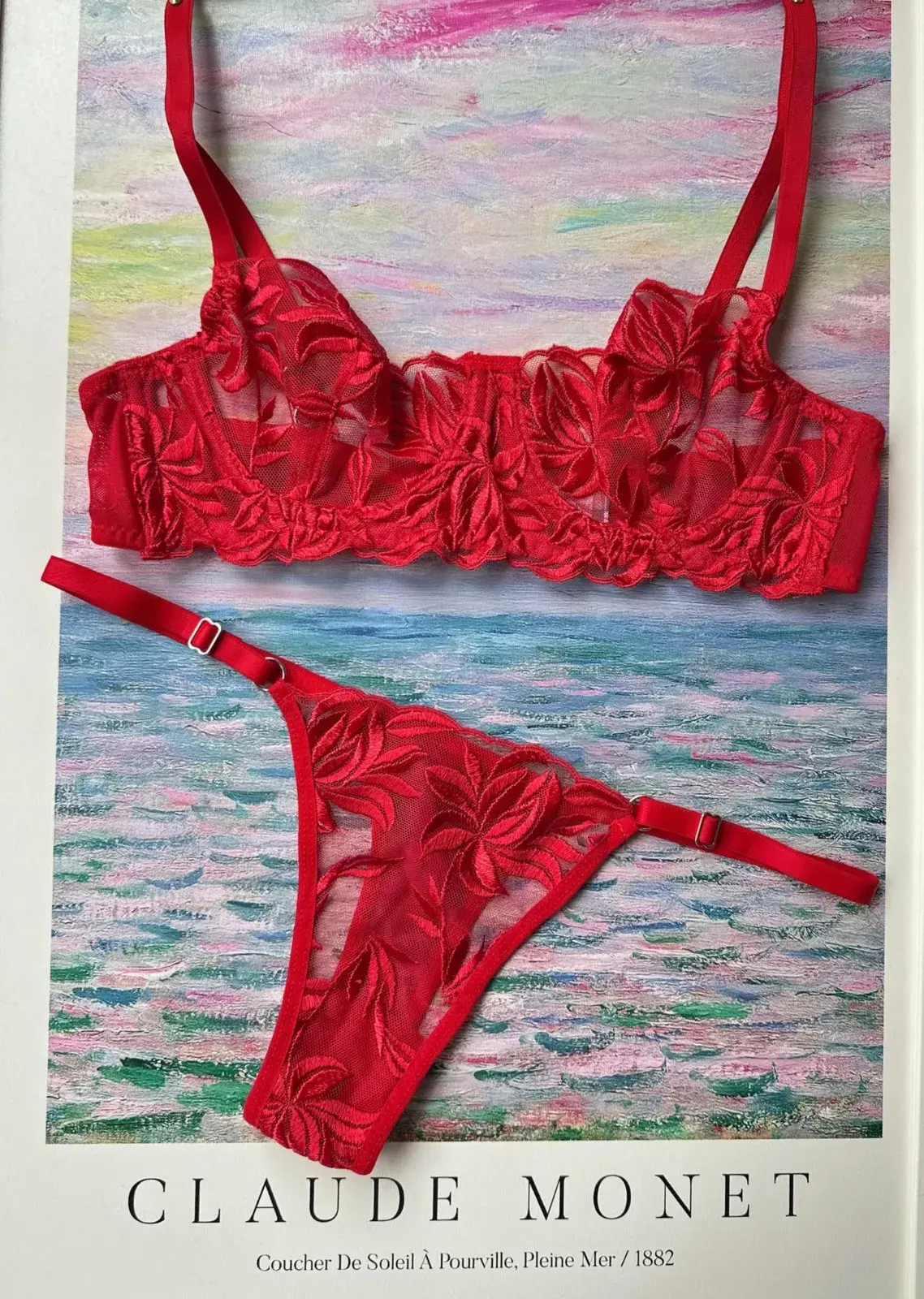 Yaprak Desenli Transparan Dantelli Sütyen & String Takımı - Kırmızı