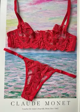 Yaprak Desenli Transparan Dantelli Sütyen & String Takımı - Kırmızı