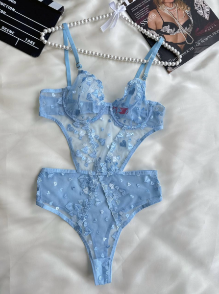Kalp Nakışlı Transparan Bodysuit – Mavi Romantik Tek Parça İç Çamaşırı