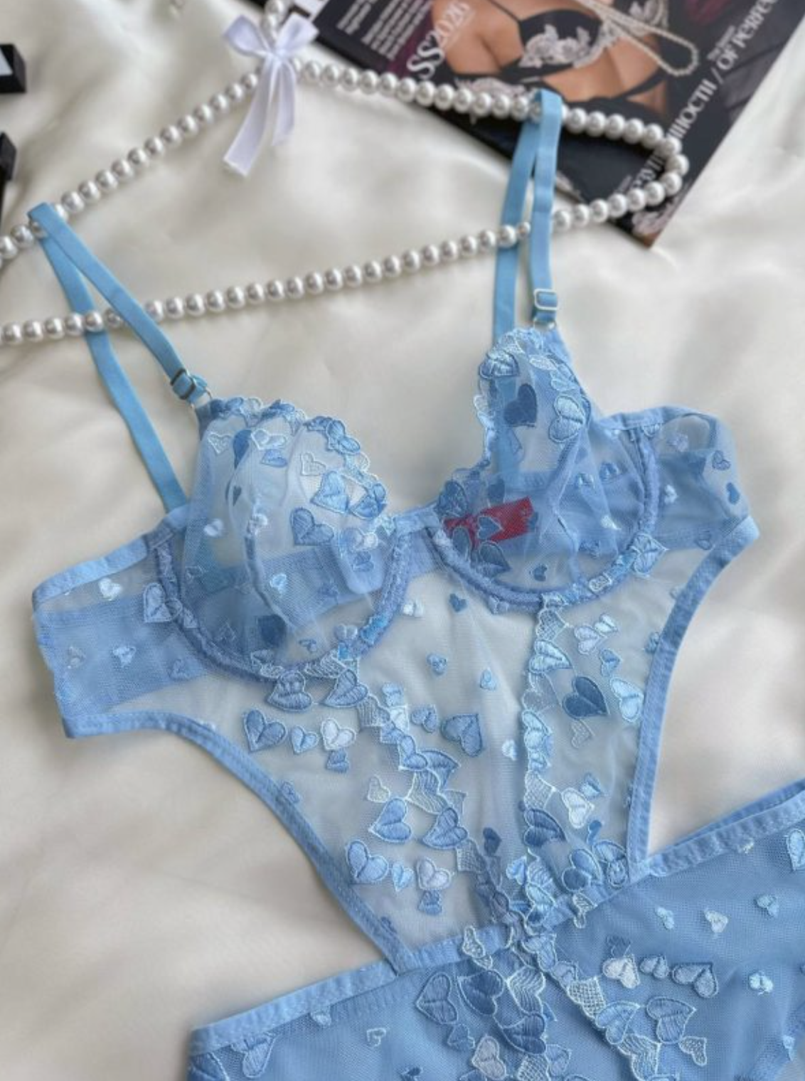 Kalp Nakışlı Transparan Bodysuit – Mavi Romantik Tek Parça İç Çamaşırı