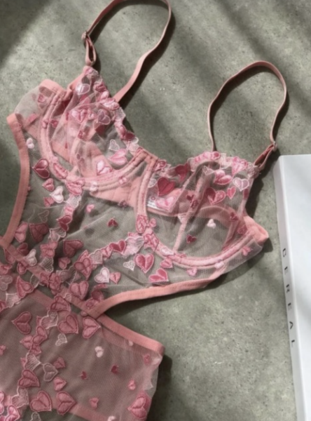 Kalp Nakışlı Transparan Bodysuit – Pembe Romantik Tek Parça İç Çamaşırı
