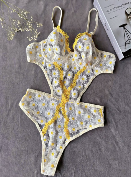 Papatya Nakışlı Transparan Bodysuit - Sarı