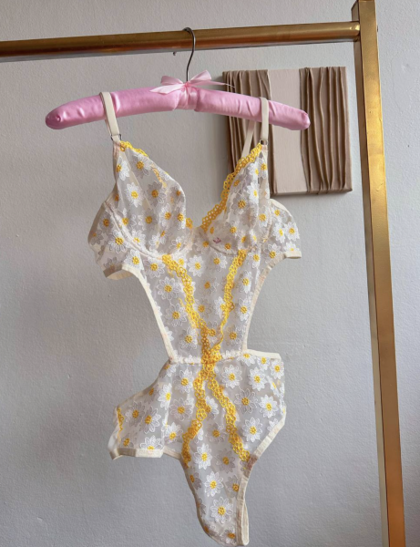 Papatya Nakışlı Transparan Bodysuit - Sarı