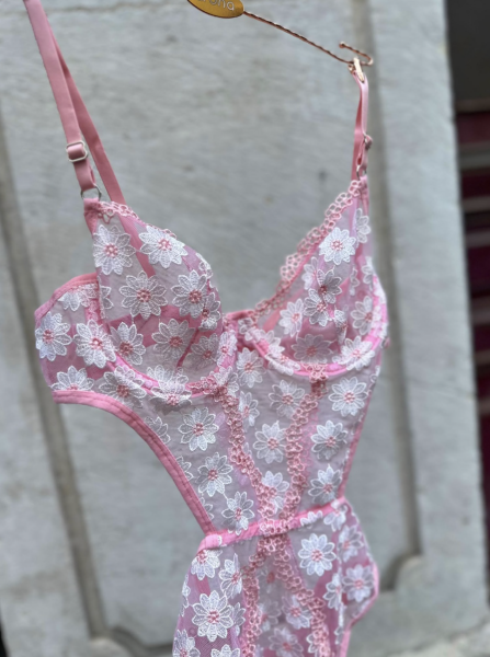 Papatya Nakışlı Transparan Bodysuit - Pembe