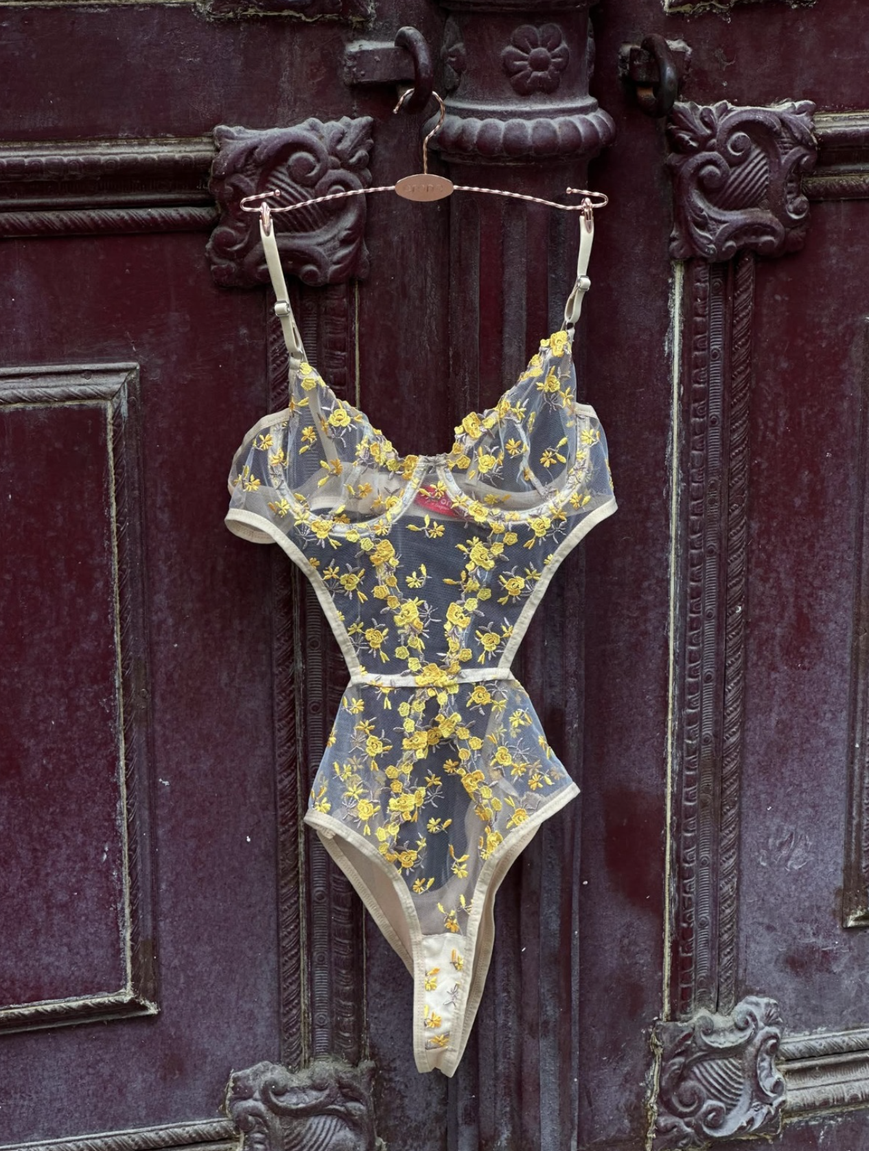Çiçek Nakışlı Transparan Bodysuit – Sarı Ten Zarif Tek Parça Çiçekli İç Giyim