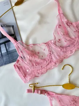 Transparan Dantelli Sütyen & String Takımı – Pudra