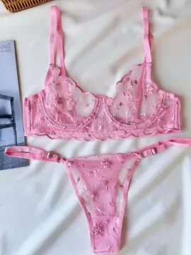 Transparan Dantelli Sütyen & String Takımı – Pudra