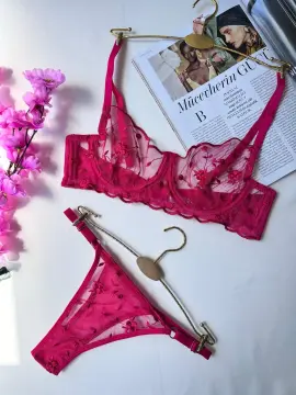 Transparan Dantelli Sütyen & String Takımı – Fuşya