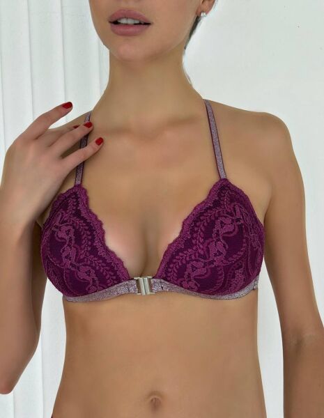 Desteksiz B Cup Simli Önden Açılan Sırt Detaylı Bralet Sütyen (Renk Seçenekli) Mürdüm - 90B