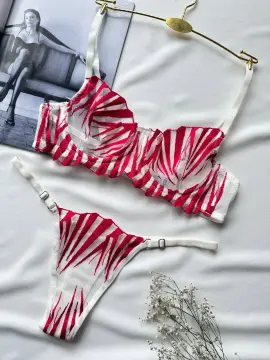 Zebra Desenli Transparan Sütyen & Tanga Takımı - Beyaz Kırmızı