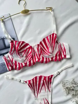 Zebra Desenli Transparan Sütyen & Tanga Takımı - Beyaz Kırmızı