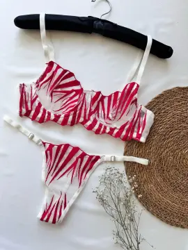 Zebra Desenli Transparan Sütyen & Tanga Takımı - Beyaz Kırmızı