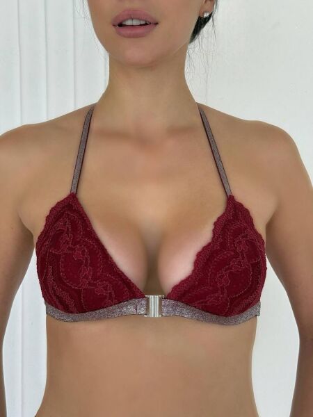 Desteksiz B Cup Simli Önden Açılan Sırt Detaylı Bralet Sütyen (Renk Seçenekli) Bordo - 90B