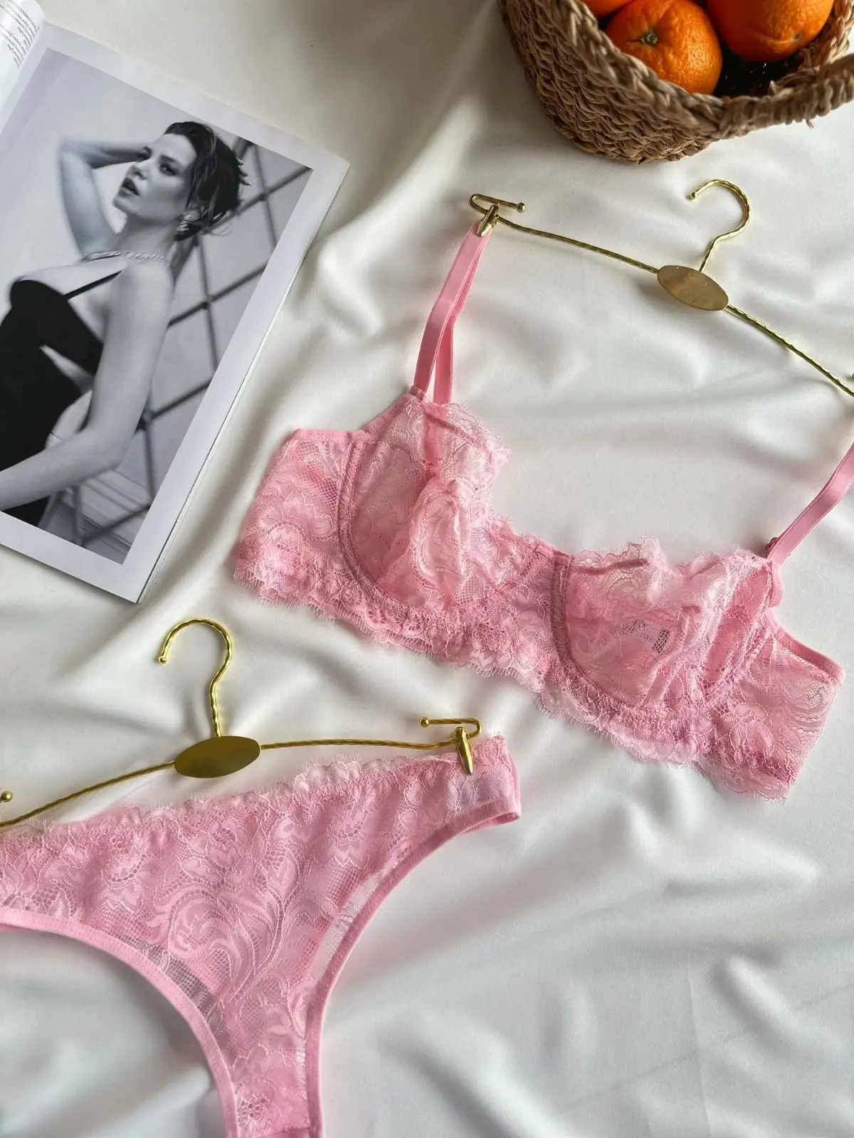 Dantelli Sütyen & Tanga Külot Takımı - Pudra