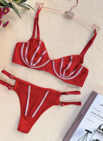 Kırmızı Simli Tasarım Sütyen Külot Takımı