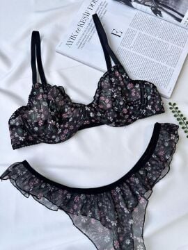 Pinterest Model Tül Sütyen Fırfırlı String Takım - Siyah