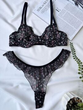 Pinterest Model Tül Sütyen Fırfırlı String Takım - Siyah