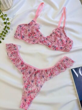 Pinterest Model Tül Sütyen Fırfırlı String Takım - Pudra