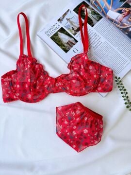 Pinterest Model Tül Sütyen Fırfırlı String Takım - Kırmızı