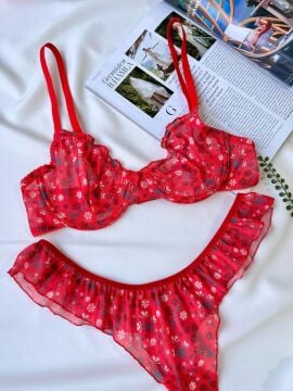 Pinterest Model Tül Sütyen Fırfırlı String Takım - Kırmızı