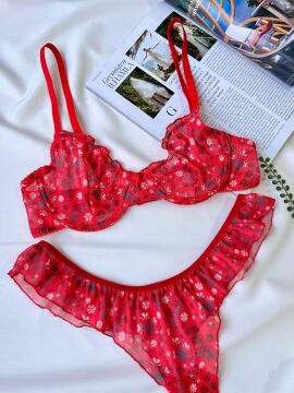 Pinterest Model Tül Sütyen Fırfırlı String Takım - Kırmızı