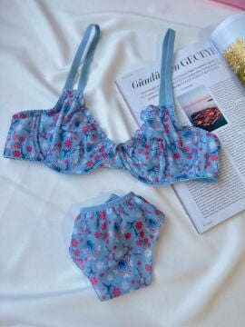 Pinterest Model Tül Sütyen Fırfırlı String Takım - Mavi