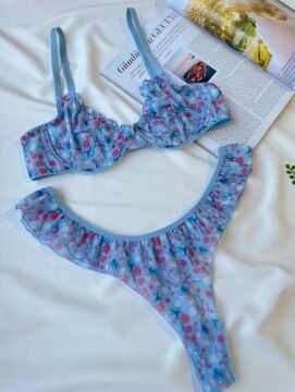 Pinterest Model Tül Sütyen Fırfırlı String Takım - Mavi