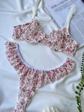 Pinterest Model Tül Sütyen Fırfırlı String Takım - Ekru 85B