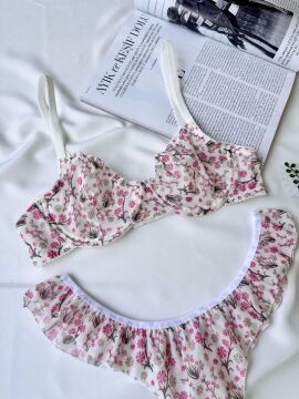 Pinterest Model Tül Sütyen Fırfırlı String Takım - Ekru