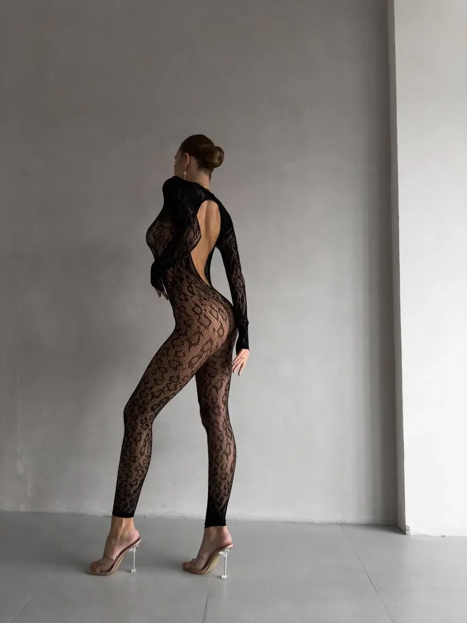 Full Body Leopar Desenli Esnek Transparan Vücut Çorabı