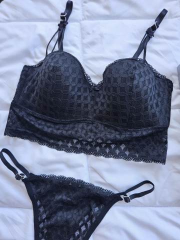 Lotus Modeli Desteksiz B Cup Dantelli Sütyen Külot Takımı - Siyah