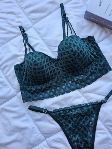 Lotus Modeli Desteksiz B Cup Dantelli Sütyen Külot Takımı - Yeşil
