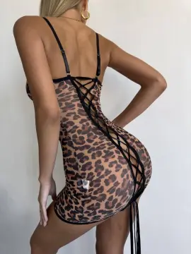 Arkası Bağlamalı Fantezi Tül Transparan Elbise Babydoll - Leopar