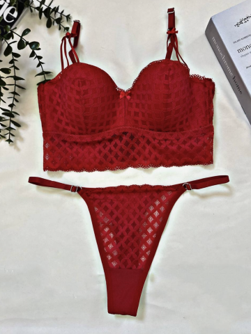 Lotus Modeli Desteksiz B Cup Dantelli Sütyen Külot Takımı - Kırmızı