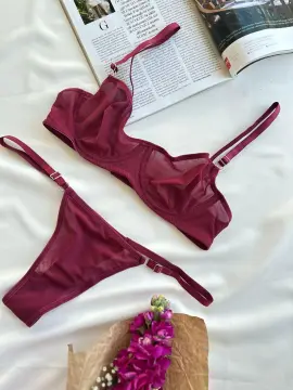 Transparan Desteksiz Sütyen Takımı - Vişne