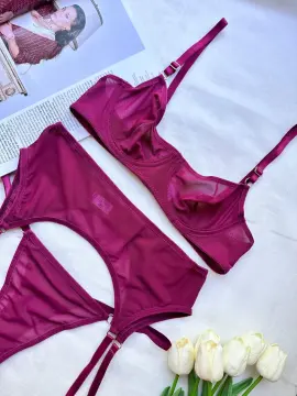 Tulle Dream Düz Tül Transparan Jartiyer Takım 3 Parça - Vişne