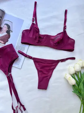 Tulle Dream Düz Tül Transparan Jartiyer Takım 3 Parça - Vişne