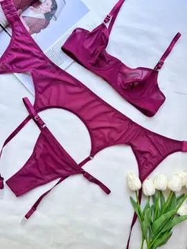 Tulle Dream Düz Tül Transparan Jartiyer Takım 3 Parça - Vişne
