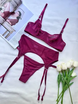 Tulle Dream Düz Tül Transparan Jartiyer Takım 3 Parça - Vişne